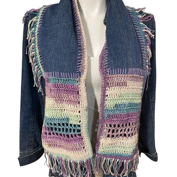 Handcrafted Accessories - Upcycled Denim and Cotton Yarn Scarf, BOHO, Hippie, One of a Kind Scarf